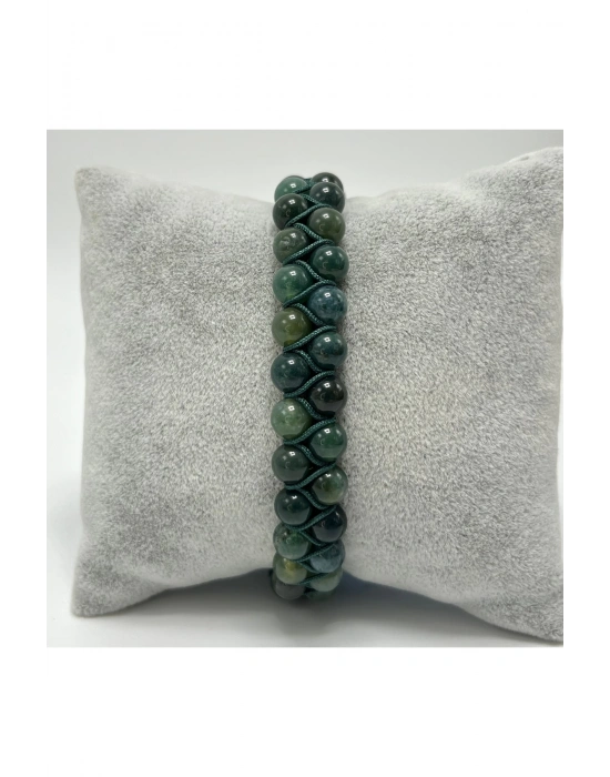SERTİFİKALI Yosunlu Akik Çift Sıra Doğal Taş Makrome Bileklik Ayarlanabilir Ölçü