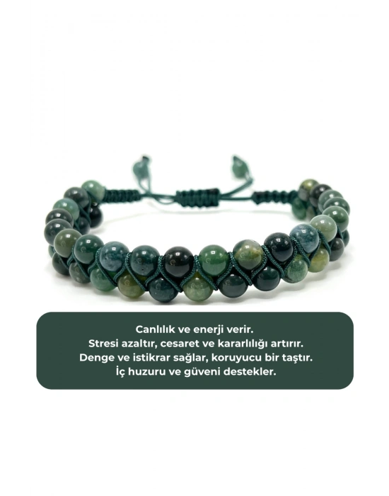 SERTİFİKALI Yosunlu Akik Çift Sıra Doğal Taş Makrome Bileklik Ayarlanabilir Ölçü