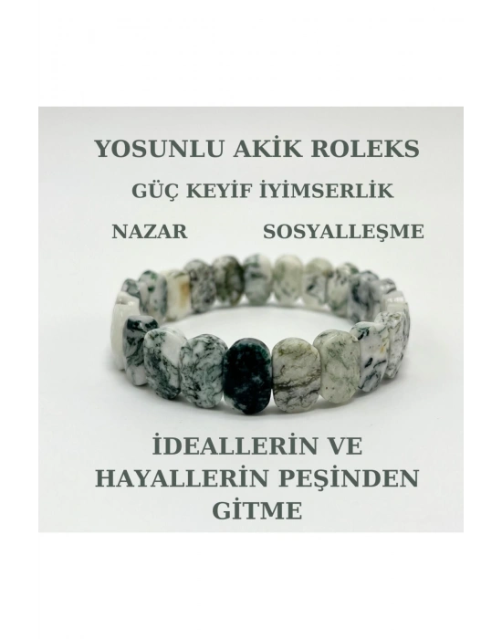 Sertifikalı Yosunlu Akik Doğal Taş Roleks Bileklik