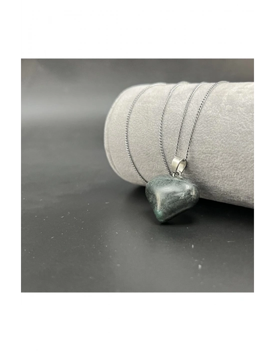 Sertifikalı Yosunlu Akik Kalp Model Doğal Taş Kolye (Kararmama Garantili)