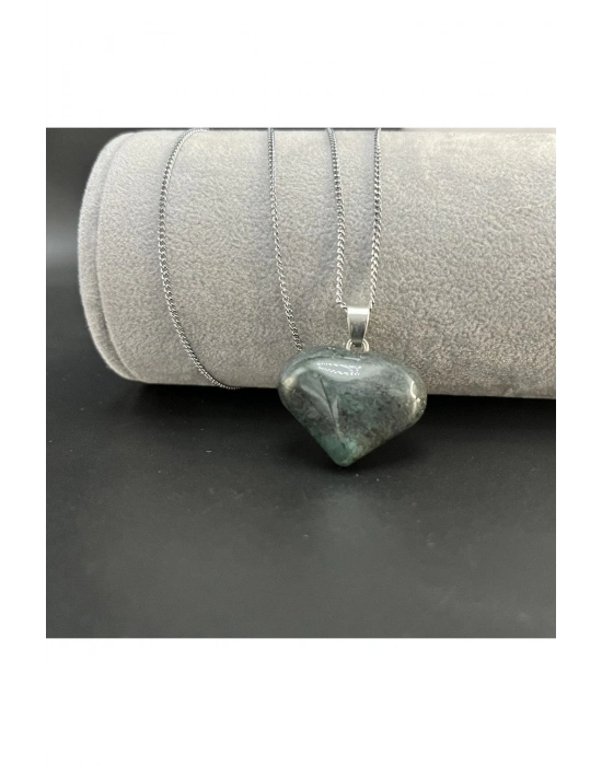 Sertifikalı Yosunlu Akik Kalp Model Doğal Taş Kolye (Kararmama Garantili)