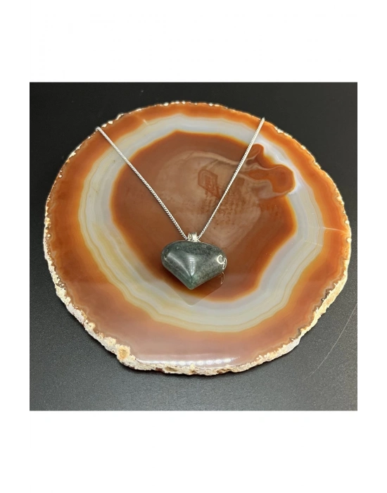 Sertifikalı Yosunlu Akik Kalp Model Doğal Taş Kolye (Kararmama Garantili)
