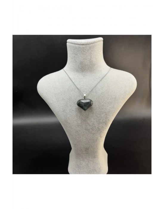 Sertifikalı Yosunlu Akik Kalp Model Doğal Taş Kolye (Kararmama Garantili)