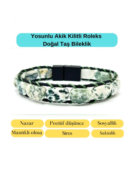 Sertifikalı Yosunlu Akik Kilit Kapama Roleks Doğal Taş Deri Bileklik