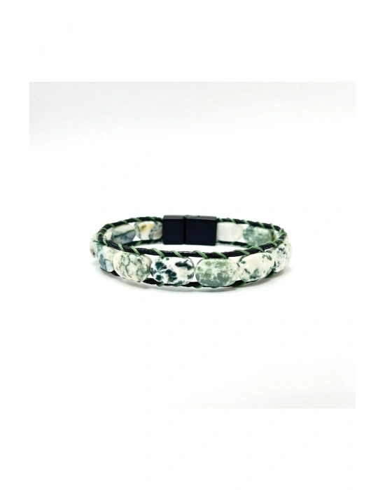 Sertifikalı Yosunlu Akik Kilit Kapama Roleks Doğal Taş Deri Bileklik