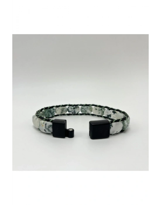 Sertifikalı Yosunlu Akik Kilit Kapama Roleks Doğal Taş Deri Bileklik