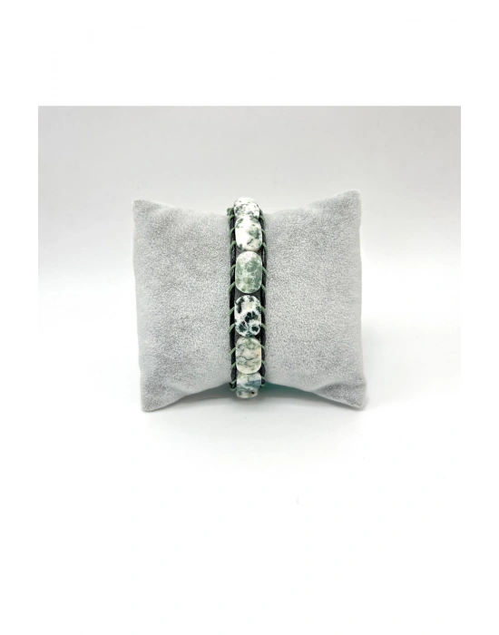 Sertifikalı Yosunlu Akik Kilit Kapama Roleks Doğal Taş Deri Bileklik