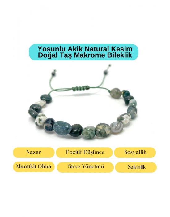 Sertifikalı Yosunlu Akik Natural Kesim Makrome Doğal Taş Bileklik Ayarlanabilir Ölçü