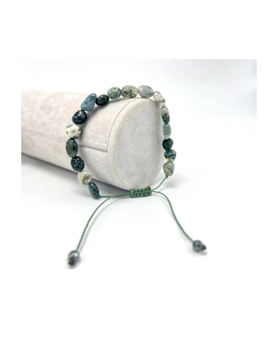 Sertifikalı Yosunlu Akik Natural Kesim Makrome Doğal Taş Bileklik Ayarlanabilir Ölçü