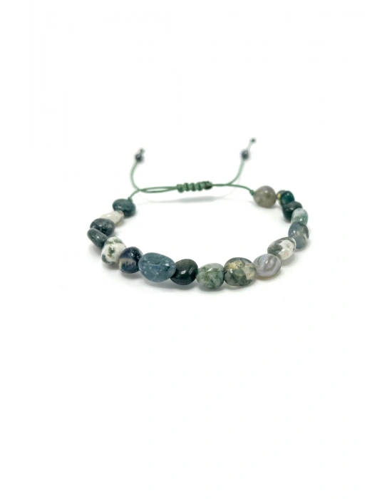 Sertifikalı Yosunlu Akik Natural Kesim Makrome Doğal Taş Bileklik Ayarlanabilir Ölçü