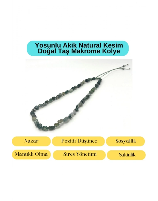 Sertifikalı Yosunlu Akik Natural Kesim Makrome Doğal Taş Kolye Ayarlanabilir Ölçü