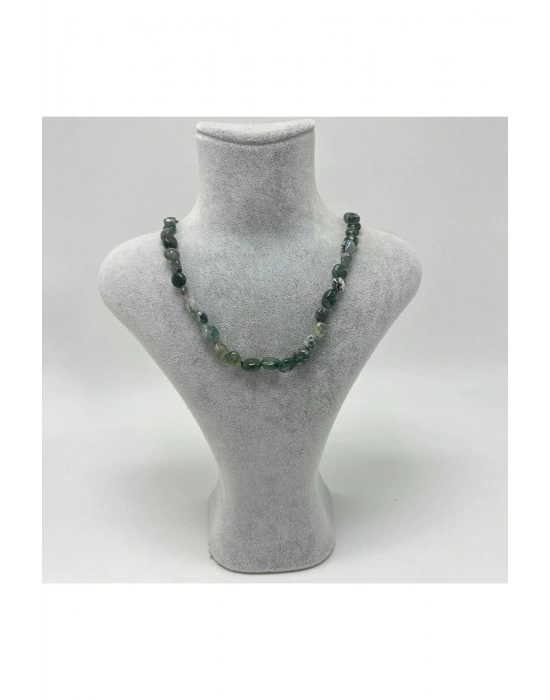 Sertifikalı Yosunlu Akik Natural Kesim Makrome Doğal Taş Kolye Ayarlanabilir Ölçü