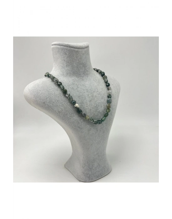 Sertifikalı Yosunlu Akik Natural Kesim Makrome Doğal Taş Kolye Ayarlanabilir Ölçü