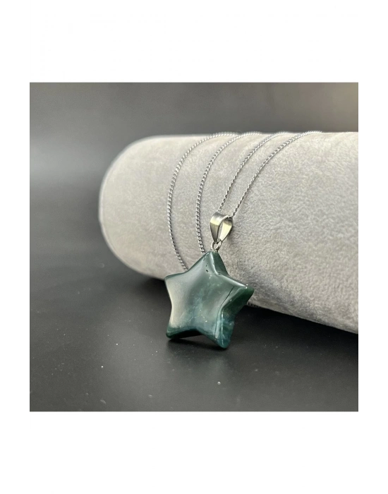 Sertifikalı Yosunlu Akik Yıldız Model Doğal Taş Kolye (KARARMAMA GARANTİLİ)