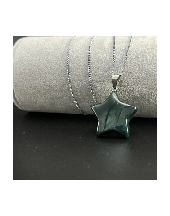 Sertifikalı Yosunlu Akik Yıldız Model Doğal Taş Kolye (KARARMAMA GARANTİLİ)