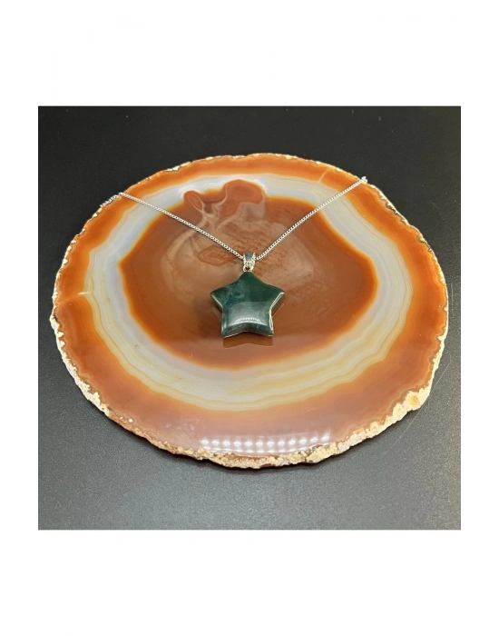 Sertifikalı Yosunlu Akik Yıldız Model Doğal Taş Kolye (KARARMAMA GARANTİLİ)