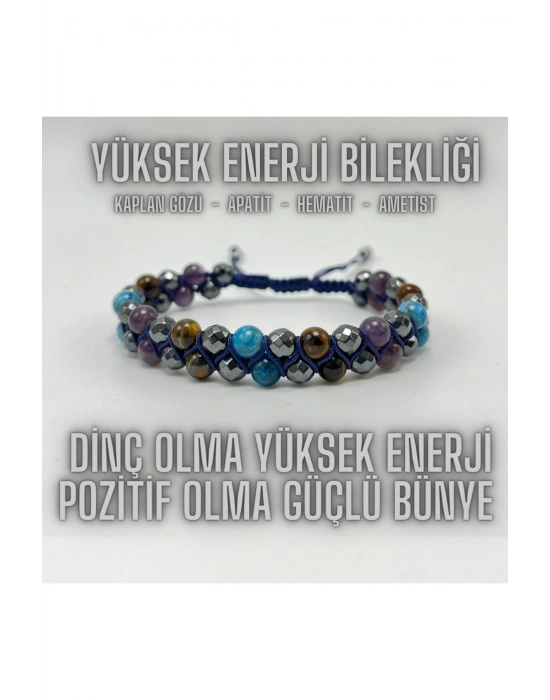 SERTİFİKALI Yüksek Enerji Bilekliği - Kaplan Gözü - Apatit - Hematit - Ametist