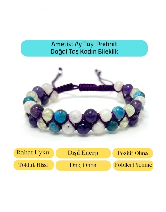 SERTİFİKALI Zayıflama Dişil Enerji Dinçlik Ametist Ay Taşı Prehnit Ayarlanabilir Ölçü Bileklik