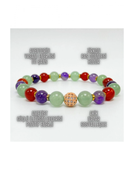 Sertifikalı Zirkon Aparatlı Aventurin Akik Ametist  8 mm Misinalı Doğal Taş Bileklik