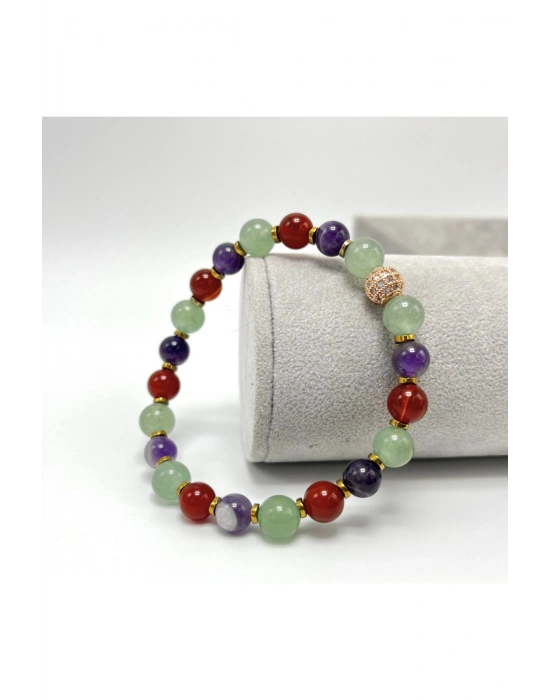 Sertifikalı Zirkon Aparatlı Aventurin Akik Ametist  8 mm Misinalı Doğal Taş Bileklik