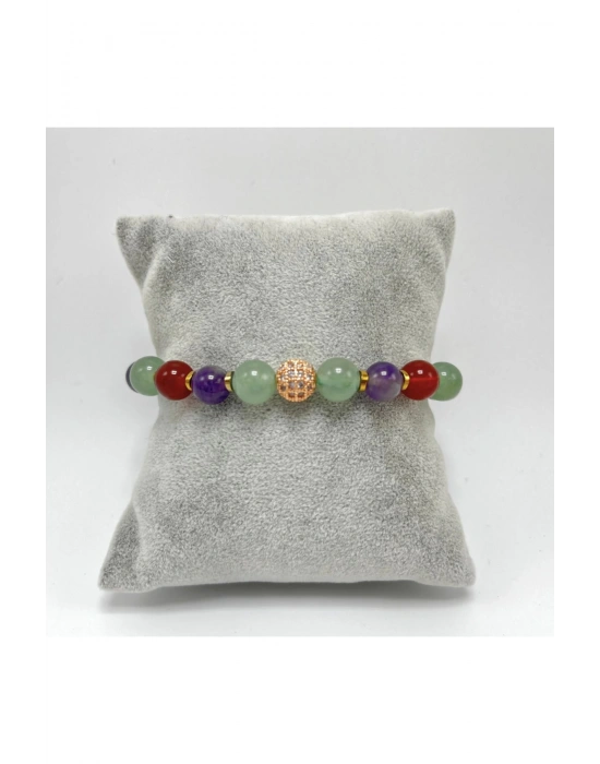 Sertifikalı Zirkon Aparatlı Aventurin Akik Ametist  8 mm Misinalı Doğal Taş Bileklik