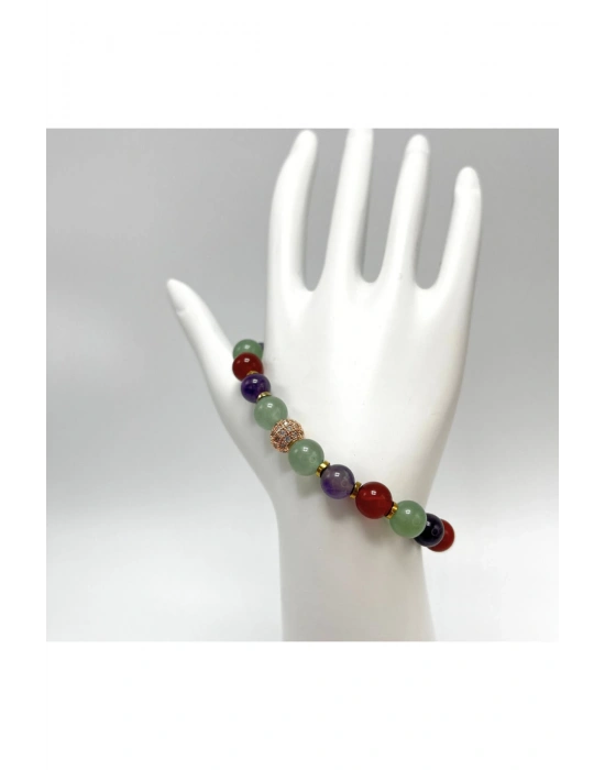 Sertifikalı Zirkon Aparatlı Aventurin Akik Ametist  8 mm Misinalı Doğal Taş Bileklik