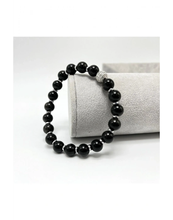 SERTİFİKALI ZİRKON APARATLI OBSİDYEN  8MM MİSİNALI DOĞAL TAŞ BİLEKLİK