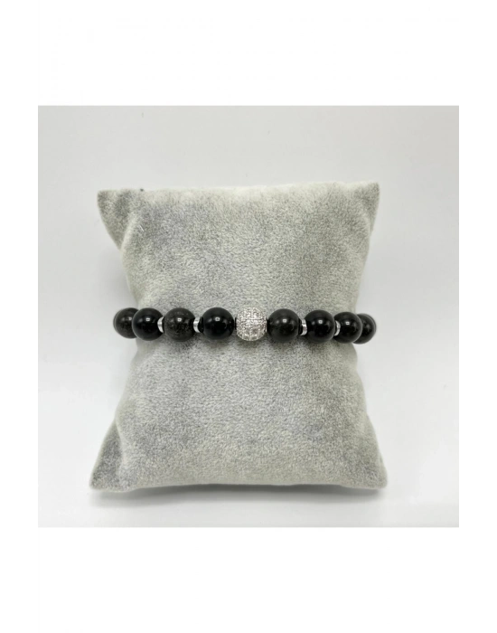 SERTİFİKALI ZİRKON APARATLI OBSİDYEN  8MM MİSİNALI DOĞAL TAŞ BİLEKLİK