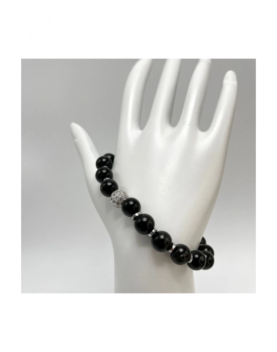 SERTİFİKALI ZİRKON APARATLI OBSİDYEN  8MM MİSİNALI DOĞAL TAŞ BİLEKLİK