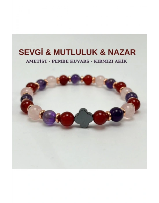 Sevgi & Mutluluk & Nazar Doğal Taş 6mm Elastik Bileklik Ametist-Pembe Kuvars- Kırmızı Akik