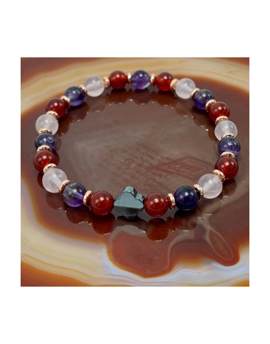 Sevgi & Mutluluk & Nazar Doğal Taş 6mm Elastik Bileklik Ametist-Pembe Kuvars- Kırmızı Akik