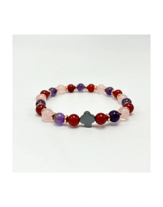 Sevgi & Mutluluk & Nazar Doğal Taş 6mm Elastik Bileklik Ametist-Pembe Kuvars- Kırmızı Akik