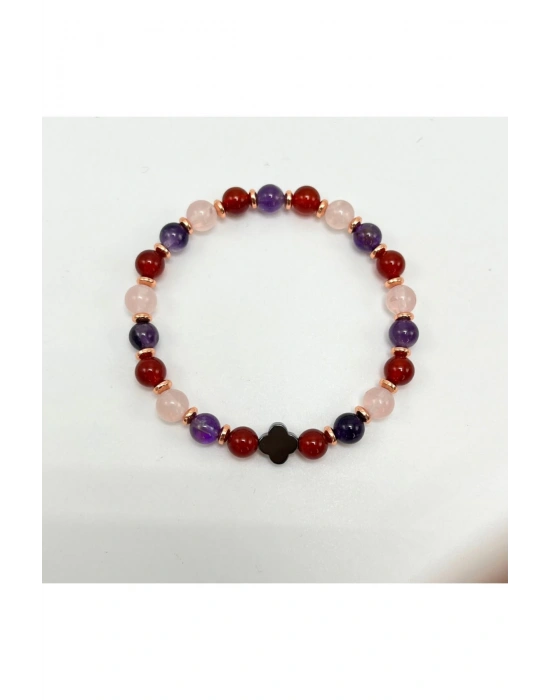 Sevgi & Mutluluk & Nazar Doğal Taş 6mm Elastik Bileklik Ametist-Pembe Kuvars- Kırmızı Akik