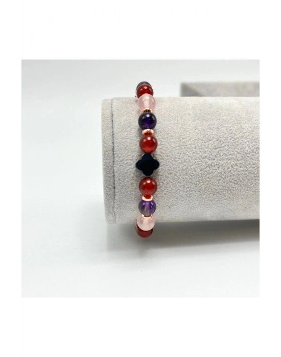 Sevgi & Mutluluk & Nazar Doğal Taş 6mm Elastik Bileklik Ametist-Pembe Kuvars- Kırmızı Akik