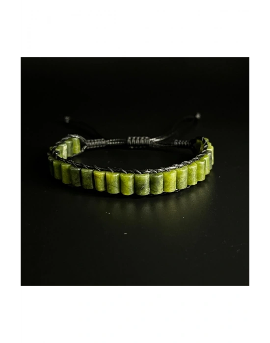 Yeşim Silindir Kesim Makrome Doğal Taş Deri Bileklik Unisex