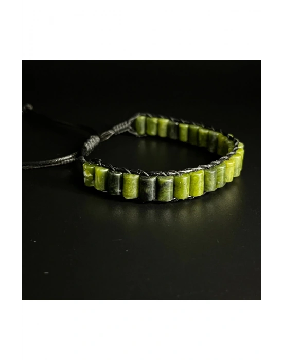 Yeşim Silindir Kesim Makrome Doğal Taş Deri Bileklik Unisex