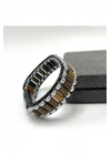 Sertifikalı Kaplan Gözü ve Hematit Silindir Kesim Kilitli Doğal Taş Deri Erkek Bileklik