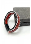 Sertifikalı Kırmızı Akik ve Hematit Silindir Kesim Kilitli Doğal Taş Deri Erkek Bileklik