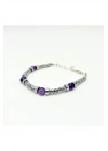 Sertifikalı Rondel Kesim Ametist ve Hematit  925 Ayar Doğal Taş Gümüş Bileklik 6mm