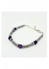 Sertifikalı Rondel Kesim Ametist ve Hematit  925 Ayar Doğal Taş Gümüş Bileklik 6mm