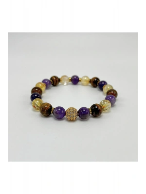 SERTİFIKALI Ametist Kaplan Gözü Sitrin Zirkon Aparatlı 8MM DOĞAL TAŞ BİLEKLİK