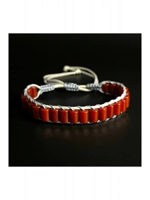 Akik Taşı Silindir Kesim Makrome Doğal Taş Deri Bileklik Unisex