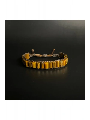 Kaplan Gözü Silindir Kesim Makrome Doğal Taş Deri Bileklik Unisex