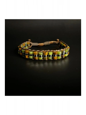 Kaplan Gözü ve Yeşim  Makrome Doğal Taş Deri Bileklik Unisex