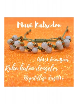 Sertifikalı 6mm Ipli Mavi Kalsedon Ayarlanabilir Ölçü Doğal Taş Bileklik