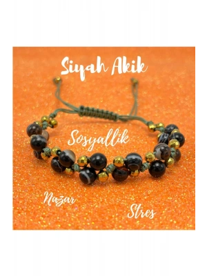 Sertifikalı 6mm Ipli Siyah Göz Akik Ayarlanabilir Ölçü Doğal Taş Bileklik