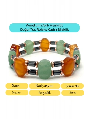 SERTİFİKALI Akik Aventurin Hematit Doğal Taş Roleks Kadın Bileklik