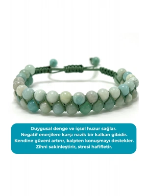 SERTİFİKALI Amazonit Çift Sıra Doğal Taş Makrome Bileklik Ayarlanabilir Ölçü