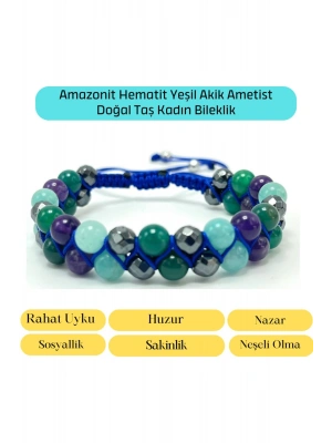 SERTİFİKALI Amazonit Hematit Yeşil Akik Çift Sıra Makrome Ayarlanabilir Ölçü Doğal Taş Bileklik