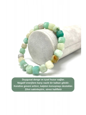 SERTİFİKALI Amazonit Küp Kesim Lastikli Doğal Taş Bileklik 8 mm